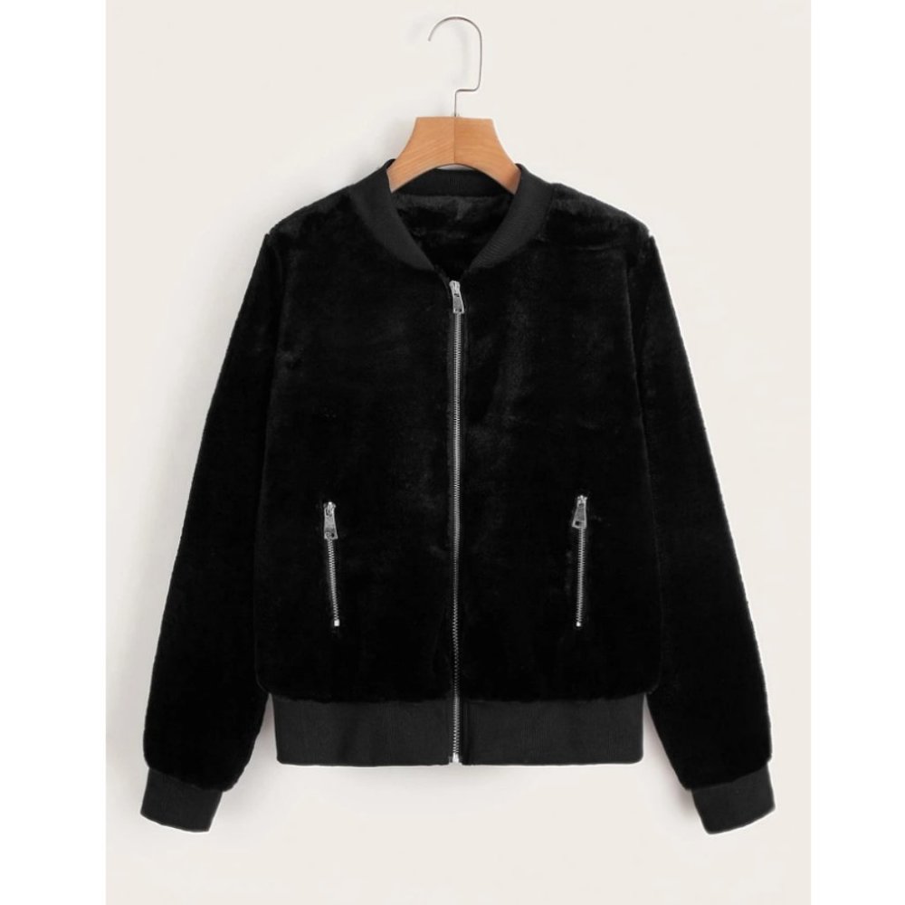 Cozy Black Zip Up Fuzzy Bomber Jacket Coat Faux Fur With Pockets 🧥